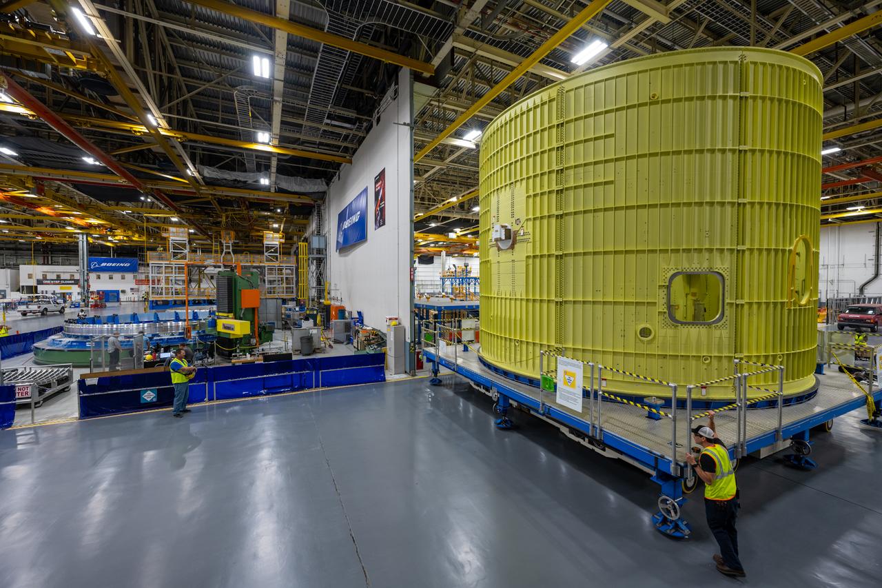 Technicians at NASA’s Michoud Assembly Facility move the intertank of NASA’s Space Launch System rocket for Artemis III to Cell G to await application of the thermal protection system. Thermal protection systems protect space vehicles from aerodynamic heating during entry to planet atmosphere and re-entry to earth atmosphere.